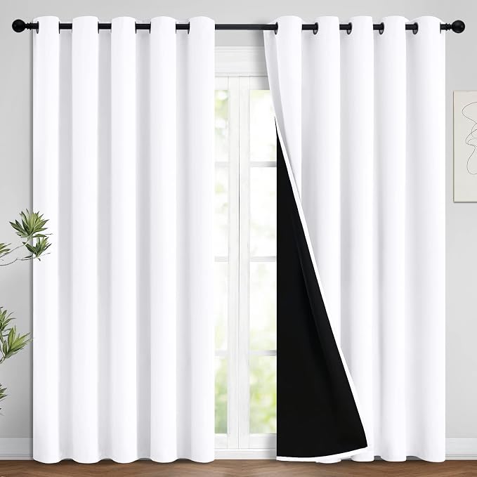 Yakamok Pure White 100% Blackout Curtains 96 Inches Long 62" Wide 2 Panel | Blackout Curtain Panels for Bedroom, 2 Thick Layers Grommet Top Thermal Insulated Drapes with Black Liner for Living Room