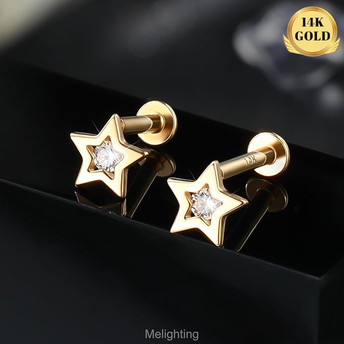 Melighting 14K Solid Gold Helix Piercing 16G Star Internally Threaded Flat Back Earring Clear CZ Tragus Stud Cartilage Conch Lobe Piercing Jewelry for Women 6 mm