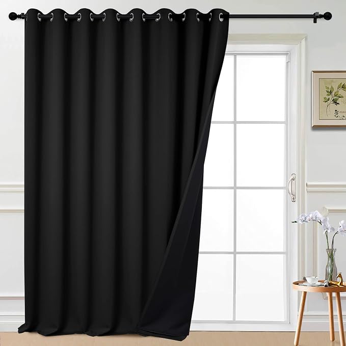 Yakamok Black 100% Blackout Patio Door Curtain Panels W100 x L108,1 Panel | Noise Reducing Barrier Panel for Sliding Glass Door, 2 Thick Layers Heat Full Light Blocking Patio Door Drapery