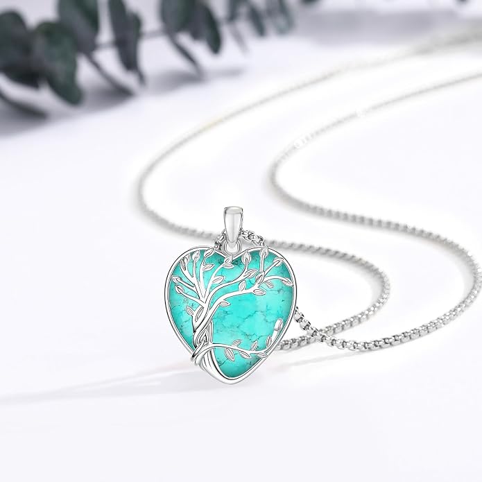 Eusense Tree of Life Necklace for Women White Gold Plated Copper Moonstone/Turquoise/Black Onyx/Crystal Birthstone Pendant Jewelry Gifts for Women Men