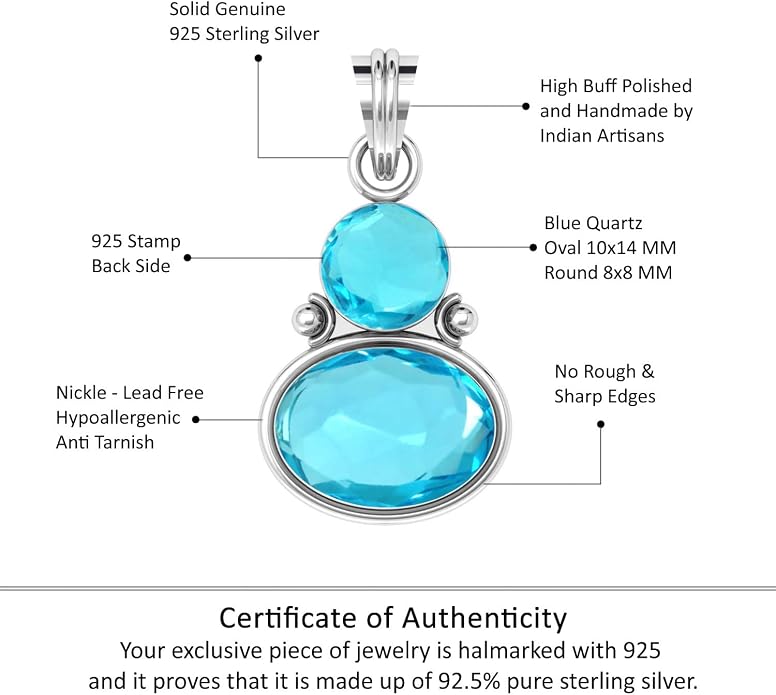Handmade Genuine 925 Sterling Silver Pendant Necklace Natural Gemstone Crystal, Lapis, Onyx, Amber Oval Round Boho Jewelry For Women