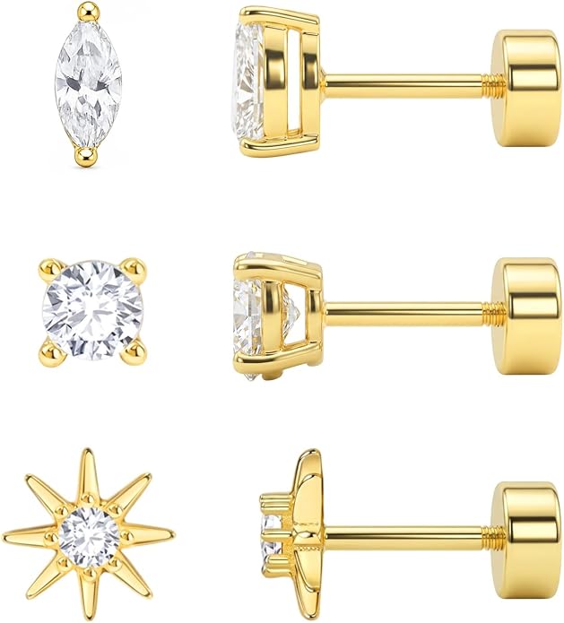 3 Pairs 20G Flat Back Earrings, G23 Titanium Hypoallergenic CZ Studs, 14K Gold Cartilage Helix Tragus Conch Piercing Jewelry for Women