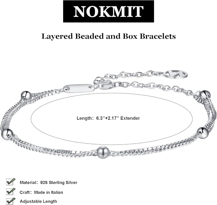 NOKMIT Solid 925 Sterling Silver Bracelets for Women, Dainty Interlocking Circles Cubic Zirconia Adjustable Chain Bracelet, Trendy Stackable Link Bracelets, Simple Cute Jewelry Gifts