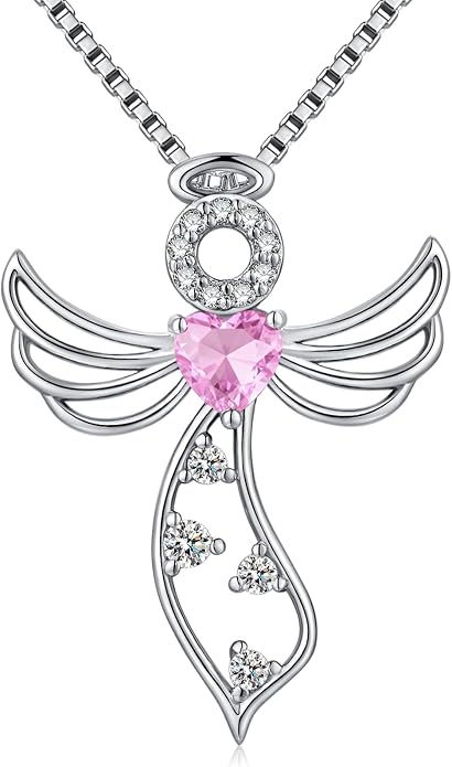 925 Sterling Silver Guardian Angel Pendant Necklace for Women - Birthstone Cubic Zirconia, 18" Chain, Gift for Her