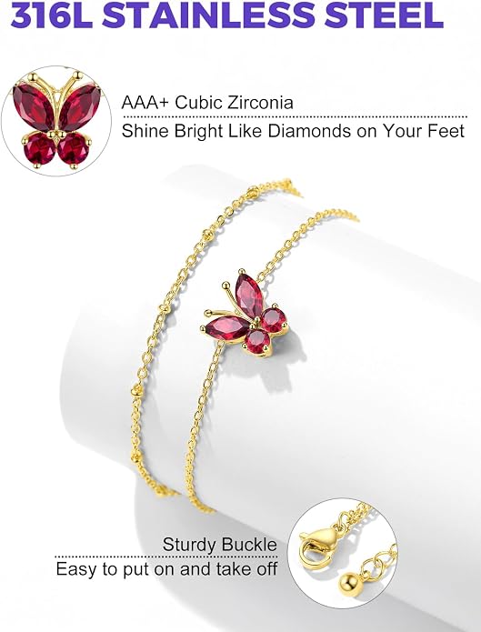 Richsteel Double Layer Heart/Butterfly Birthstone Anklet for Women Non Tarnish Waterproof, Silver/Gold/Black Stainless Steel 8.5-10.5 Inch Adjustable Chain Anklets Jewelry Gifts for Her
