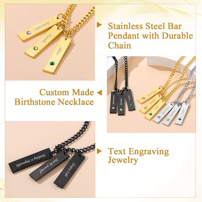 Custom4U Personalized Birthstone Bar Necklaces for Women, Custom Handmade Silver/Black/Gold Vertical Bar Pendants with 1-3 Names Engraved,Unique Memorial Necklace for Her