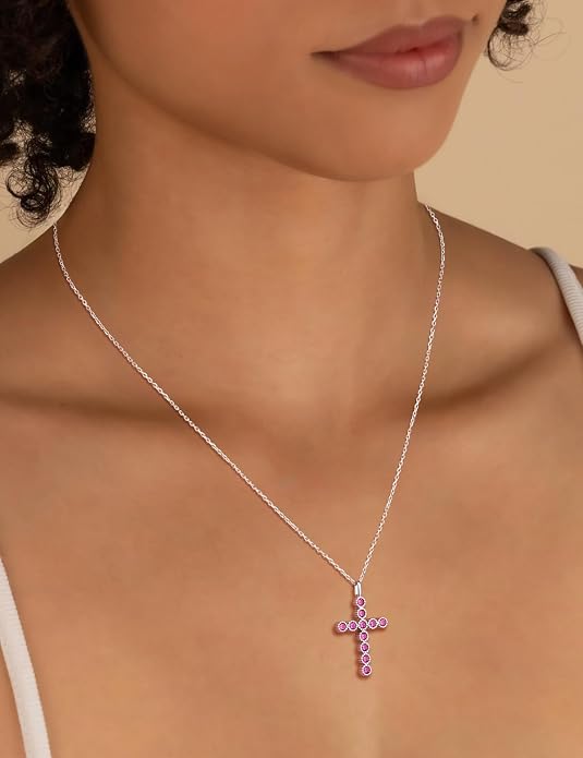 Sterling Silver Cross Necklace for Women Birthstone Religious Jewelry