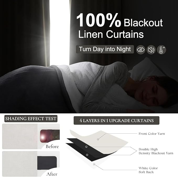 QJmydeco Curtains 100 Inch Length Wide Pleated Blackout Curtain for Sliding Glass Door/Living Room, Farmhouse Birch Linen Thick Boho Bedroom Heavy Insulated Large Window Drapes (100" Wx90 Lx2Panels)