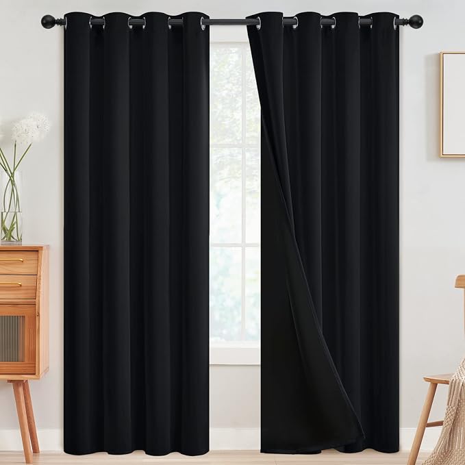 SimpleHome Black 100% Blackout Curtains Room Darkening Living Room 90 Inch | Curtains for Bedroom,Thermal Insulated Grommet Window Drapes,Curtains for Living Room with Black Back,52 x 90 Inch,2 Panels