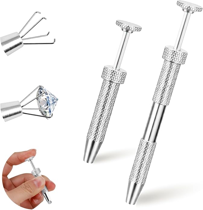 ONESING 2Pcs Piercing Ball Grabber Tool for Changing Jewelry, Stianless Steel Flat Back Earring Applicator Internally Threaded Push Pin Piercing Grabber Tool, Anti Slip 4 Claw Gem Ball Grabber Tool