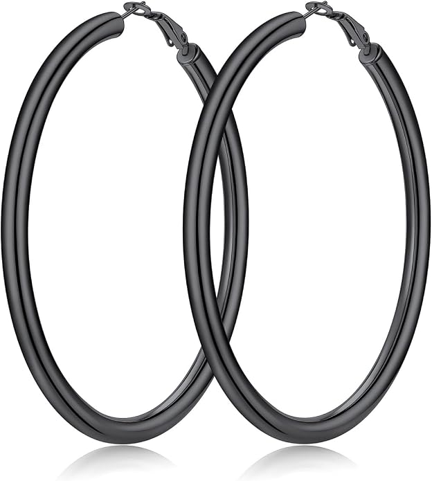 FaithHeart Chunky Hoop Earrings for Women, Silver/Black/14K Gold Plated Stainless Steel Earrings 5mm Thick Hollow Tube Hoops Hypoallergenic Lightweight Earring 20/30/40/50/60/70/80mm