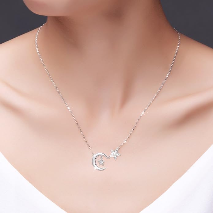 Ladytree 925 Sterling Silver Jewelry Crescent Moon and Star Pendant Necklace