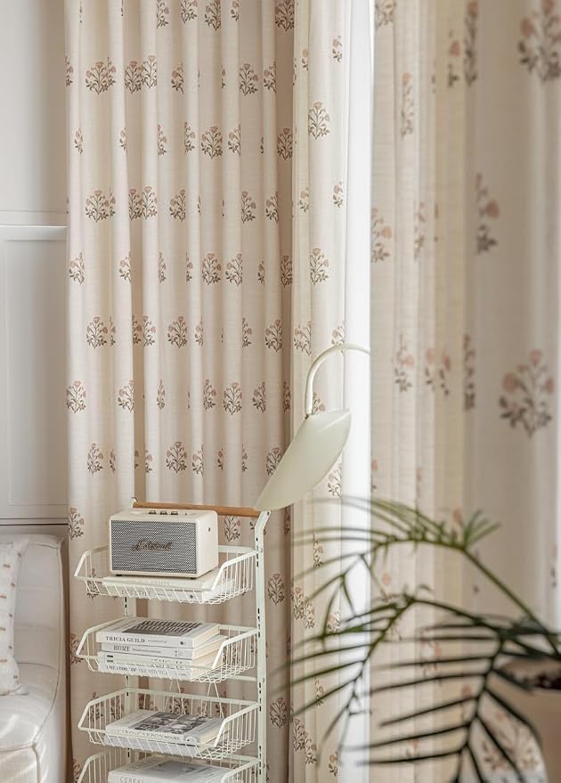 DrapePalette - Linen Blend Pinch Pleated Curtains 96 Inches Long for Living Room, Bedroom, Dining Room, Light Filtering Curtains 2 Panels Set, Modern Floral Printed Design, Beige White, 30" W x 96" L