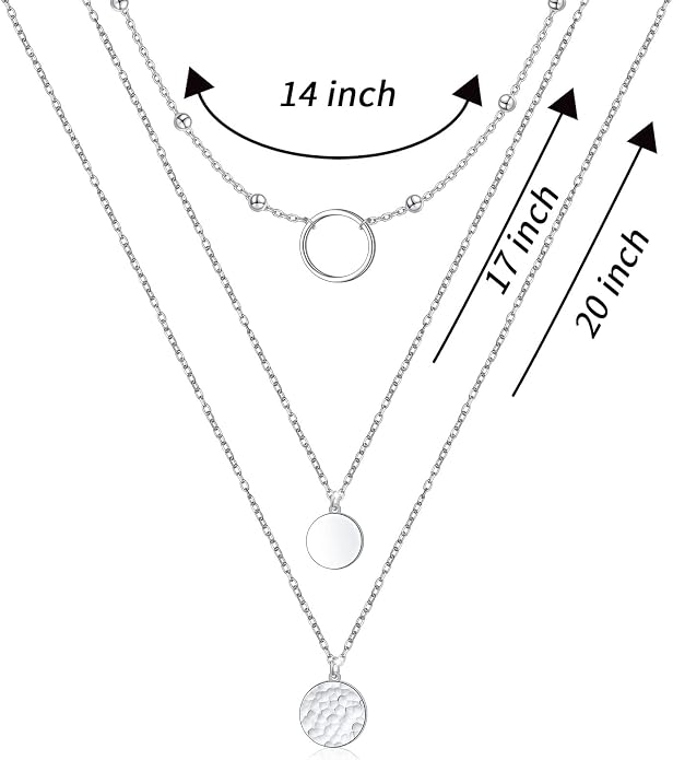 FLYOW Layered Necklace S925 Sterling Silver Triple Multilayer Necklace Long Chain Dainty Pendant Necklace for Women