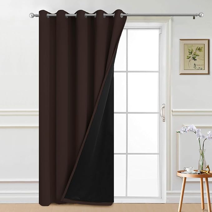Yakamok Brown 100% Blackout Patio Door Curtain Panels W70 x L84, 1 Panel | Noise Reducing Barrier Panel for Sliding Glass Door, 2 Thick Layers Heat Full Light Blocking Patio Door Drapery