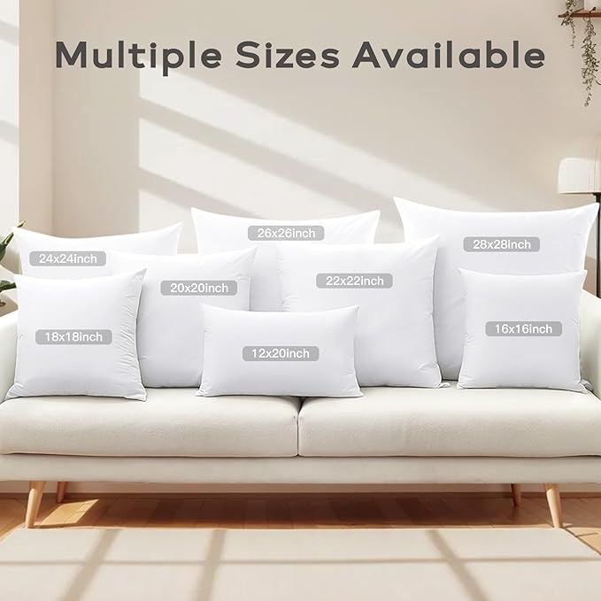 SAVORI Set of 2 Down and Feather Throw Pillow Inserts 24x24 Soft Fluffy Pillow Inserts with 100% Down-Proof Cotton Cover, Decorative Square Cushion Inner for Sofa Couch Bed-White