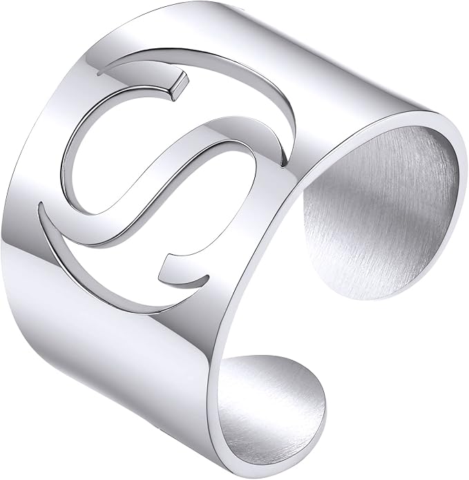 KeyStyle Bold Initial Letter Rings Adjustable, GoldChic Jewelry Women Gold Statement Ring Personalized Engraved Women’s Open Signet Ring for Party (Gold, White Gold, Black)