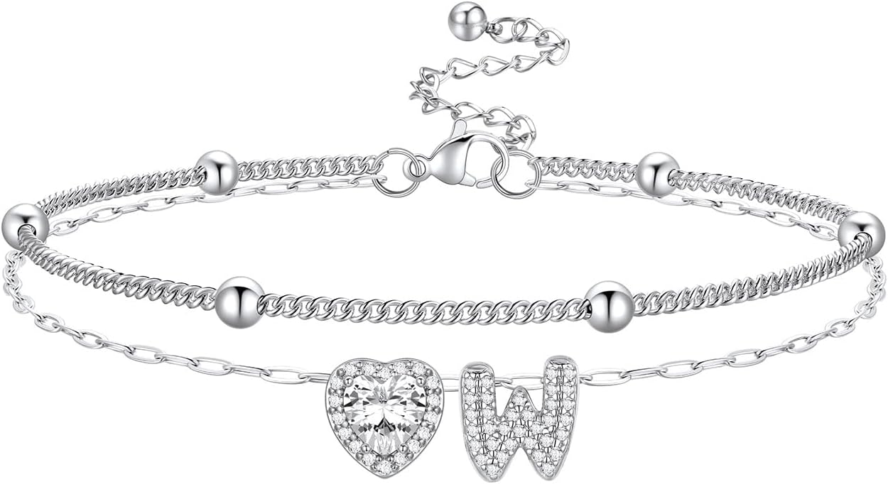 Bestyle Initial Anklet Bracelets for Women Waterproof Non Tarnish 14K Gold/White Gold Plated CZ Anklets for Women Dainty Layered Letter Heart Ankle Bracelets Adjustable Foot Chain Anklet