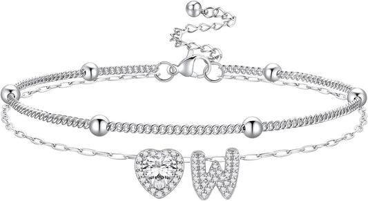 Bestyle Initial Anklet Bracelets for Women Waterproof Non Tarnish 14K Gold/White Gold Plated CZ Anklets for Women Dainty Layered Letter Heart Ankle Bracelets Adjustable Foot Chain Anklet