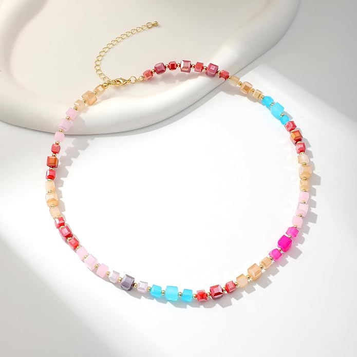 LALAPPLE Colorful Beaded Gemstone Necklace for Women, Boho Rainbow Bead Choker with Natural Stone Crystal Beads, Handmade Summer Beach Necklace Jewelry