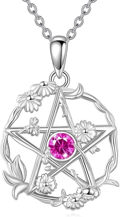 Birthstone Pentagram Necklace for Women 925 Sterling Silver Pentacle Daisy Pendant Pentacle Jewelry Birthday Gifts