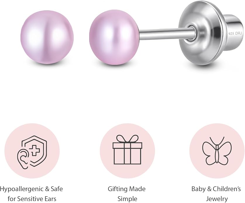 Pearl Screw Back Stud Earrings for Baby, Toddler, Girls | Hypoallergenic 925 Sterling Silver Screwback Safety Earrings | Simulated Pearl Studs for Sensitive Ears | Keepsake Gift for Birthdays Holidays Special Occasions