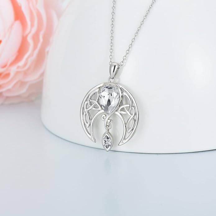 AOBOCO Sterling Silver Celtic Crescent Moon Goddess Pendant Irish Good Luck Necklace with Birthstone Crystal, Celtic Moon Jewelry Gift for Women Mom Wife