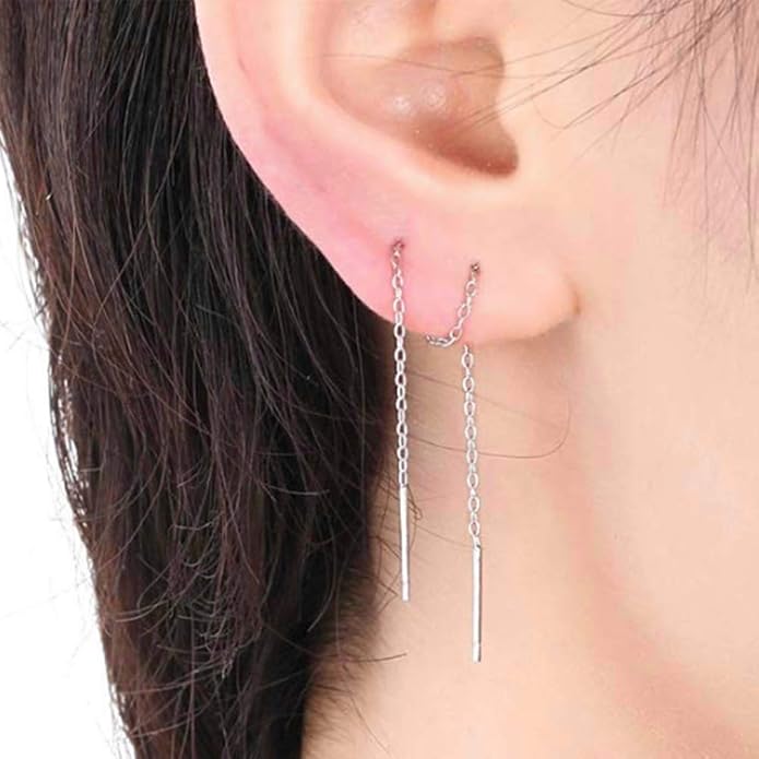 YFN Threader Earrings Sterling Silver Chain -Earrings for Women Dangle Earrings Thread Dangling Threaded Long Chain Earring Nickel Free Hypoallergenic Ear for Women