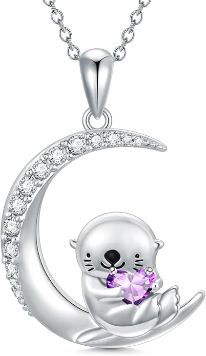 PROESS Animal Birthstone Necklace 925 Sterling Silver Otter/Axolotl/Hippo/Elephant/Dachshund/Monkey/Red Panda Pendant Necklace Animal Birthstone Jewelry Gifts for Women
