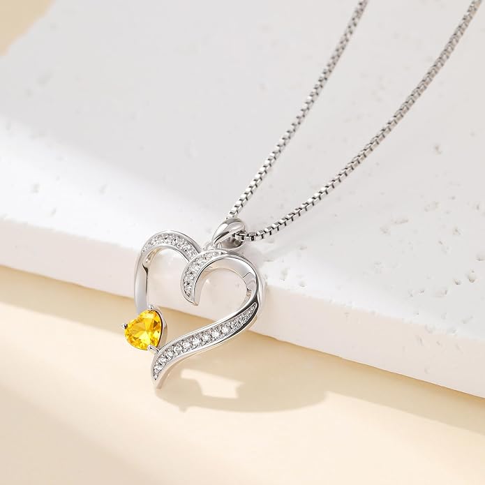 Love Heart Necklace for Women, 925 Sterling Silver Cubic Zirconia Birthstone Heart Pendant Jewelry Gift for Mom, Mother, Wife, Girlfriend on Birthday, Mother's Day, Chain 18 inch