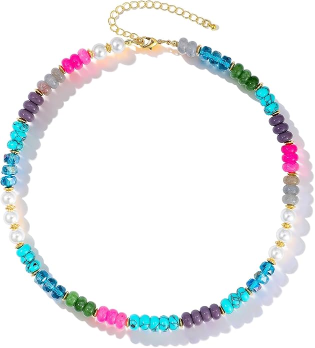 LALAPPLE Colorful Beaded Gemstone Necklace for Women, Boho Rainbow Bead Choker with Natural Stone Crystal Beads, Handmade Summer Beach Necklace Jewelry
