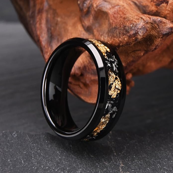 Black Tungsten Carbide Rings for Men Women 8mm/6mm Men's Wedding bands Inlaid with Gold Foil Meteorite Fragments, High Polishing and Comfortable fit