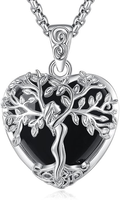 EUDORA Tree of Life Necklace with Moonstone Amethyst Obsidian Turquoise Healing Crystal for Women, Silver Plated Copper Mother Tree of Life Pendant Amulet Energy Jewelry, Gift for Women Mom, 20"+2"