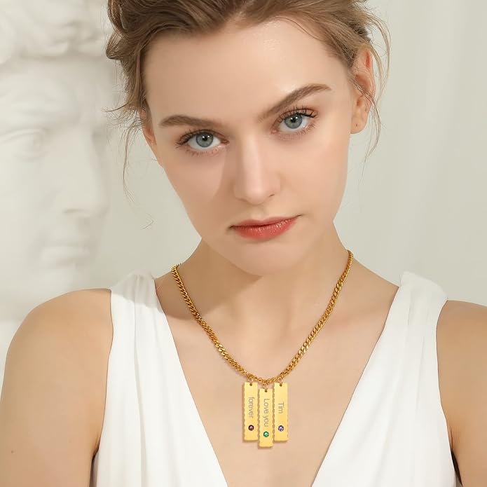 GOLDCHIC JEWELRY Personalized Birthstone Name Necklaces for Men Women, Engraved Family Names Necklace with Birthstone Vertical Bar Necklace, Pendant for Husband/Father/Grandma/Wife Birthday Gifts