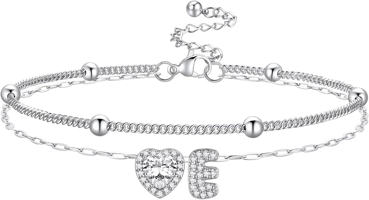 Bestyle Initial Anklet Bracelets for Women Waterproof Non Tarnish 14K Gold/White Gold Plated CZ Anklets for Women Dainty Layered Letter Heart Ankle Bracelets Adjustable Foot Chain Anklet