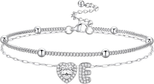 Bestyle Initial Anklet Bracelets for Women Waterproof Non Tarnish 14K Gold/White Gold Plated CZ Anklets for Women Dainty Layered Letter Heart Ankle Bracelets Adjustable Foot Chain Anklet