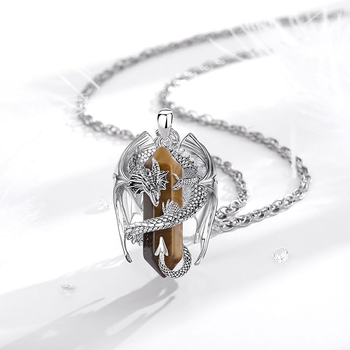 INFUSEU Unique Dragon Necklaces with Healing Crystal Stone for Men Women, Personalized Spiritual Gifts, 24 Inch Chain