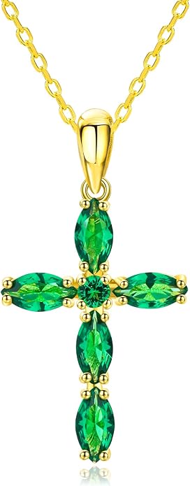 14K Gold Plated 925 Sterling Silver Birthstone Cross Necklace for Women Men