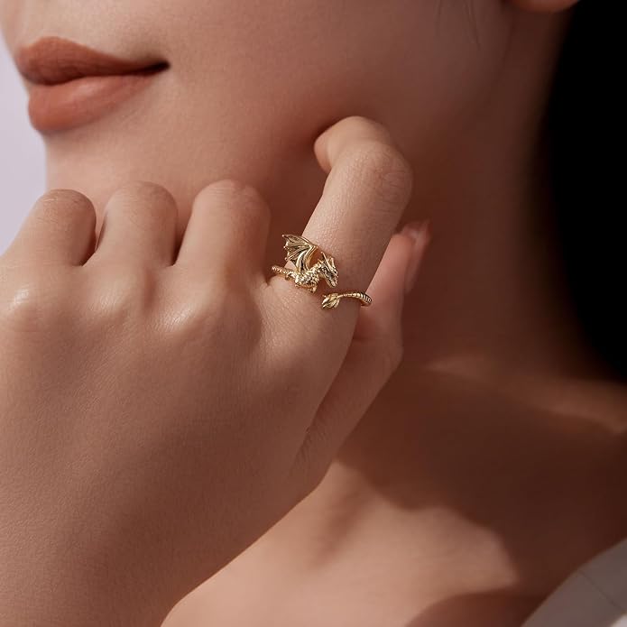 Adjustable Koi Fish Smake Dachshund Kitten Cat Hummingbird leaf Dragon Stackable Rings Lucky Protection Gold Adjustable Animal Themed Fortune Protection Ring Good Luck Statement Jewelry Women Grandma Mom Daughter