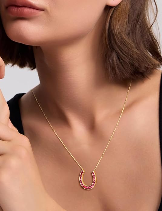 Luck Horseshoe Necklace 14K Gold Plated/Sterling Silver Created Gemstone Pendant with Chain Channel Set U Shaped Charm Necklace Birthstone Jewelry
