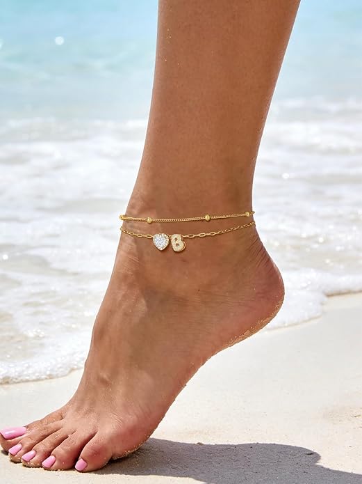 FindChic Silver/14K Gold Plated Layered CZ Initial Ankle Bracelet for Women | Waterproof Stainless Steel, Cubic Zirconia Letter Charm, Non-Tarnish, Hypoallergenic, Adjustable Extender, Summer Jewelry