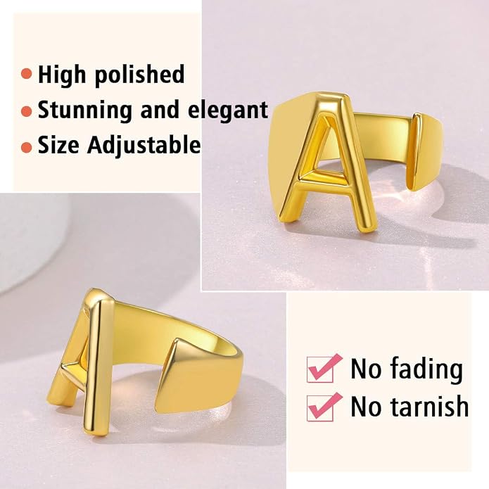 FindChic Customizable Initial Ring Statement 18K Gold Plated Fashion Cuff Rings for Women Alphabet Letter A to Z Resizable Knuckle Ring (with Gift Box)