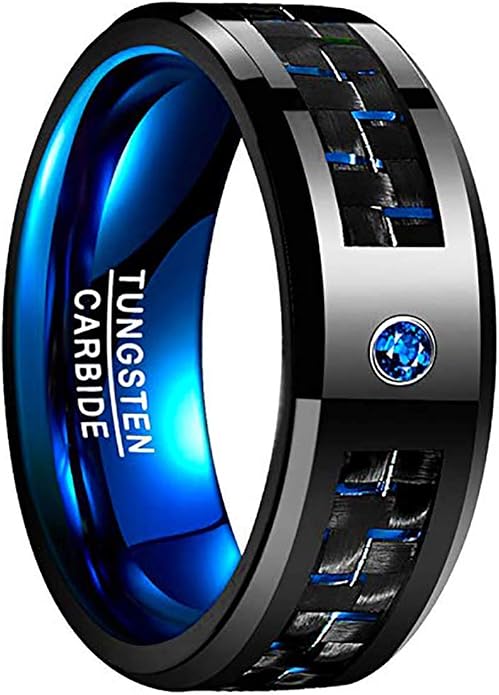 NUNCAD Men's 8mm Black Tungsten Carbide Ring Blue Rings for Men Carbon Fiber Polished Wedding Band Finish Comfort Fit Size 6-15