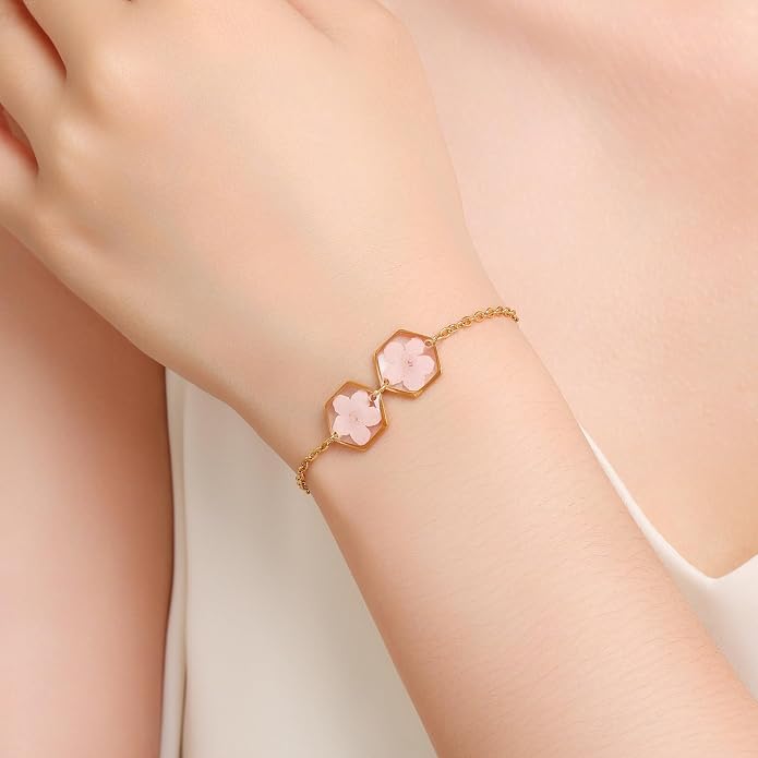 AUNTESIGN Forget-Me-Not Pressed Wildflower Bracelet | Pressed Flower Bracelet | Gold/Silver Pressed Flower Jewelry | Personalized Handmade Jewelry | Gift For Women