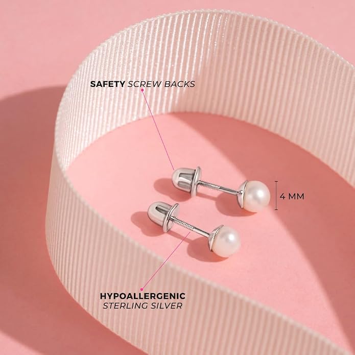 925 Sterling Silver Simulated Pearl Baby Earrings in 3mm-5mm for Toddlers & Young Girls - Hypoallergenic Safety Screw Back Earrings with White Simulated Pearls for Kids