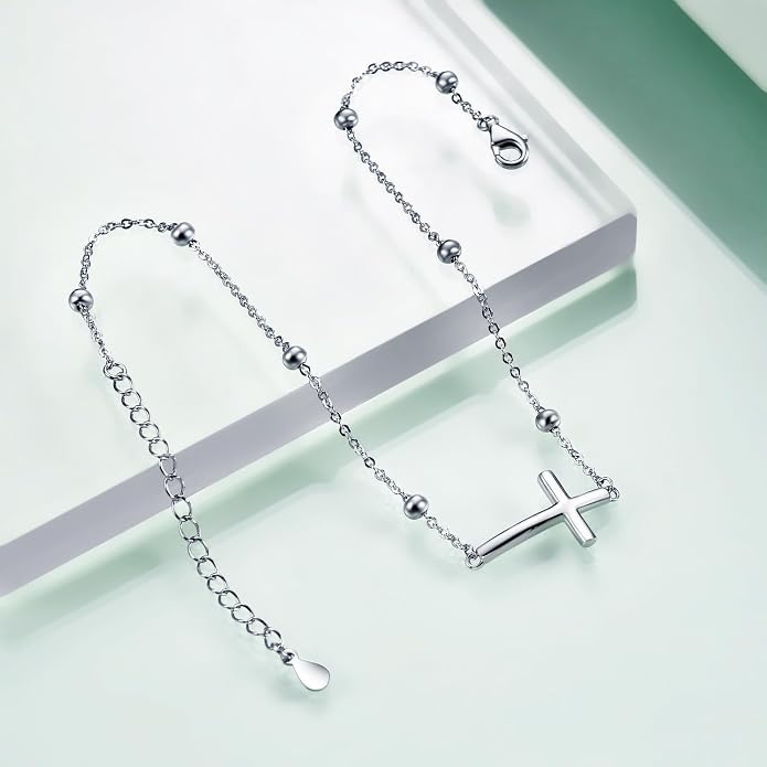 Rnivida 925 Sterling Silver Anklet for Women, Dainty Cross, Evil Eye, Anchor, Wave Beads Chain Ankle Bracelet