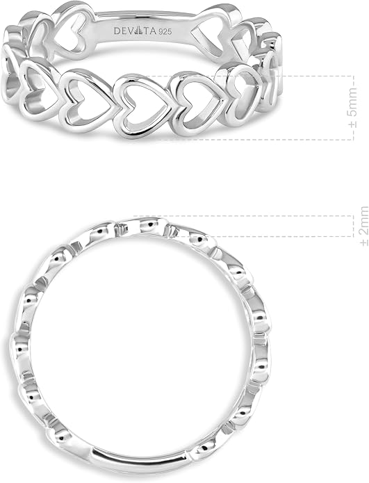 DEVATA Gold or Rhodium Plated Sterling Silver 925 – Eternity, Band Ring for Women – Heart, Knot, Clover, Infinity, Mariner, Cable, Curb, Cuban, Figaro, Daisy, Rope, Ribbed, Dome