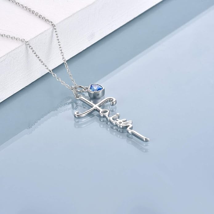 Faith Cross Necklace For Women Birthstone Sterling Silver with Simulated Birthstone Cross Jewelry Christian Gifts