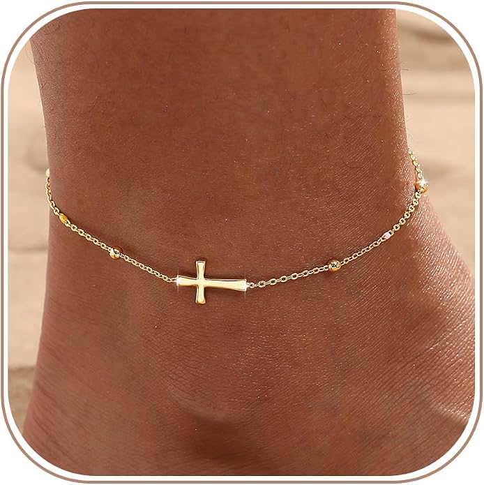 Ankle Bracelets for Women 14K Gold/Silver Plated Cross Heart Bead Anklet Waterproof Adjustable Chain Non Tarnish Cute Boho Trendy Dainty Summer Beach Foot Jewelry Gift for Her