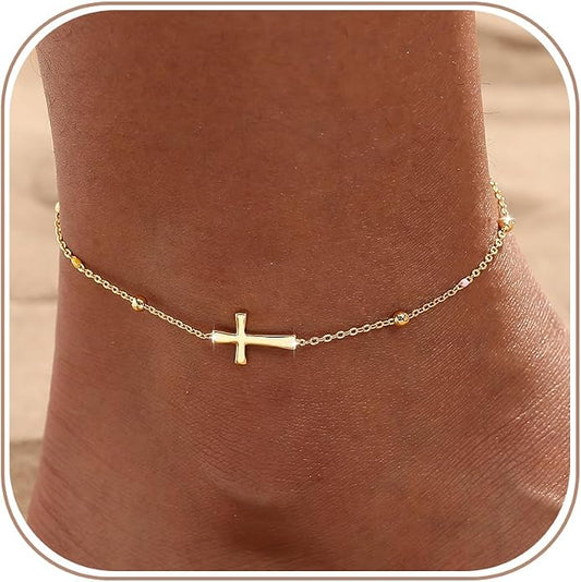 Ankle Bracelets for Women 14K Gold/Silver Plated Cross Heart Bead Anklet Waterproof Adjustable Chain Non Tarnish Cute Boho Trendy Dainty Summer Beach Foot Jewelry Gift for Her